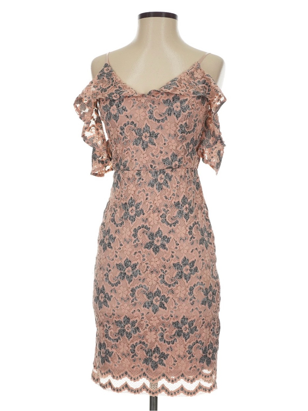 Astr Blush Lace Cold-Shoulder Dress with Black Floral Overlay
